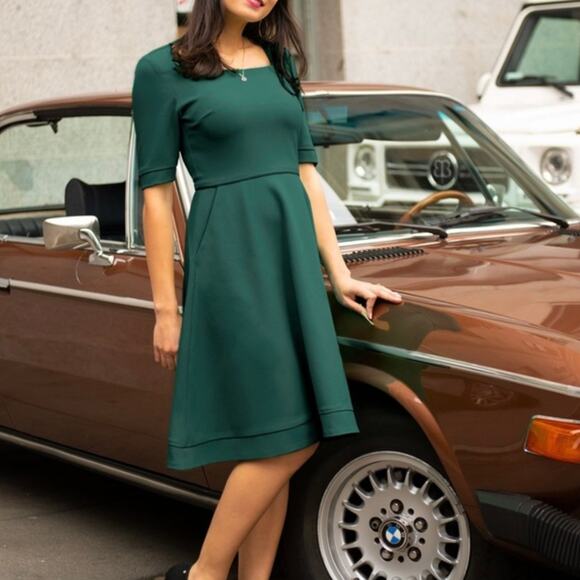 Betabrand Elixir Square Neck Fit & Flare Midi Dress Emerald Green Medium NWT - Picture 1 of 12